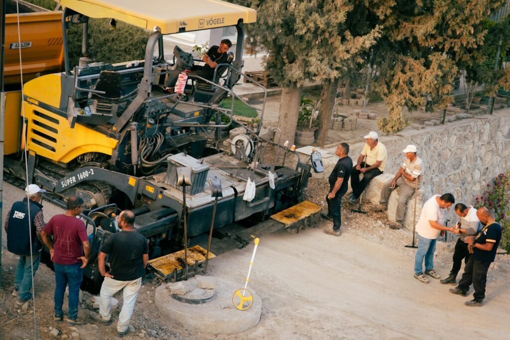 Asphalt paving machinery on a road construction project