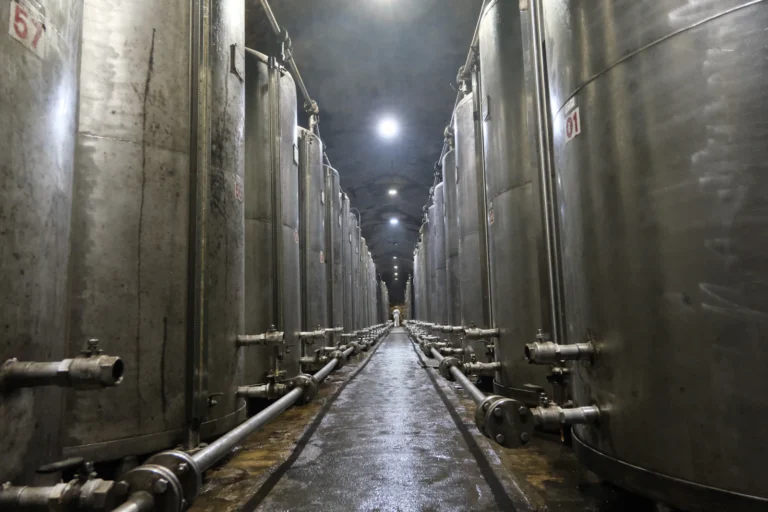 Rows of stainless steel process tanks and pipework in a production facility