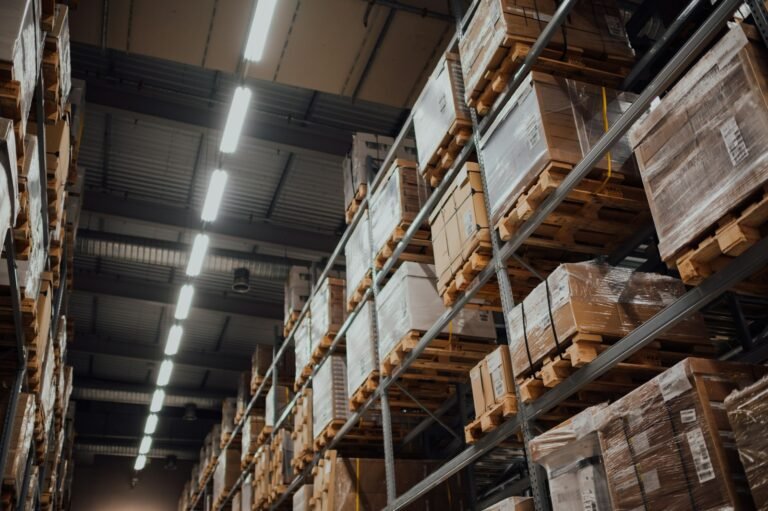 Warehouse pallet racks holding boxed goods