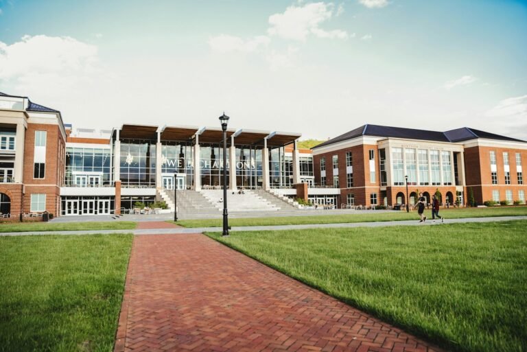 University campus building and landscaped grounds