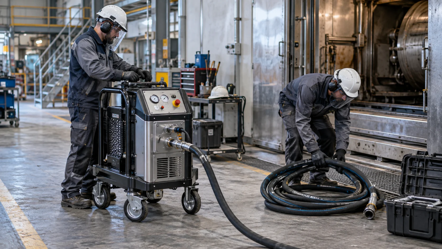 Illustration of industrial cleaning crew preparing a dry ice machine and hoses