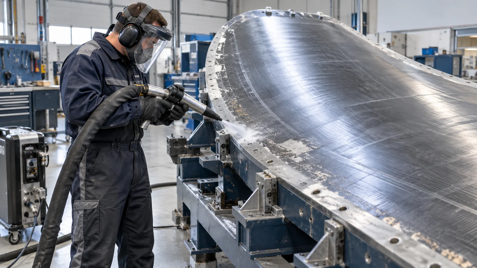 Illustration of cleaning the flange of a large aerospace composite tool