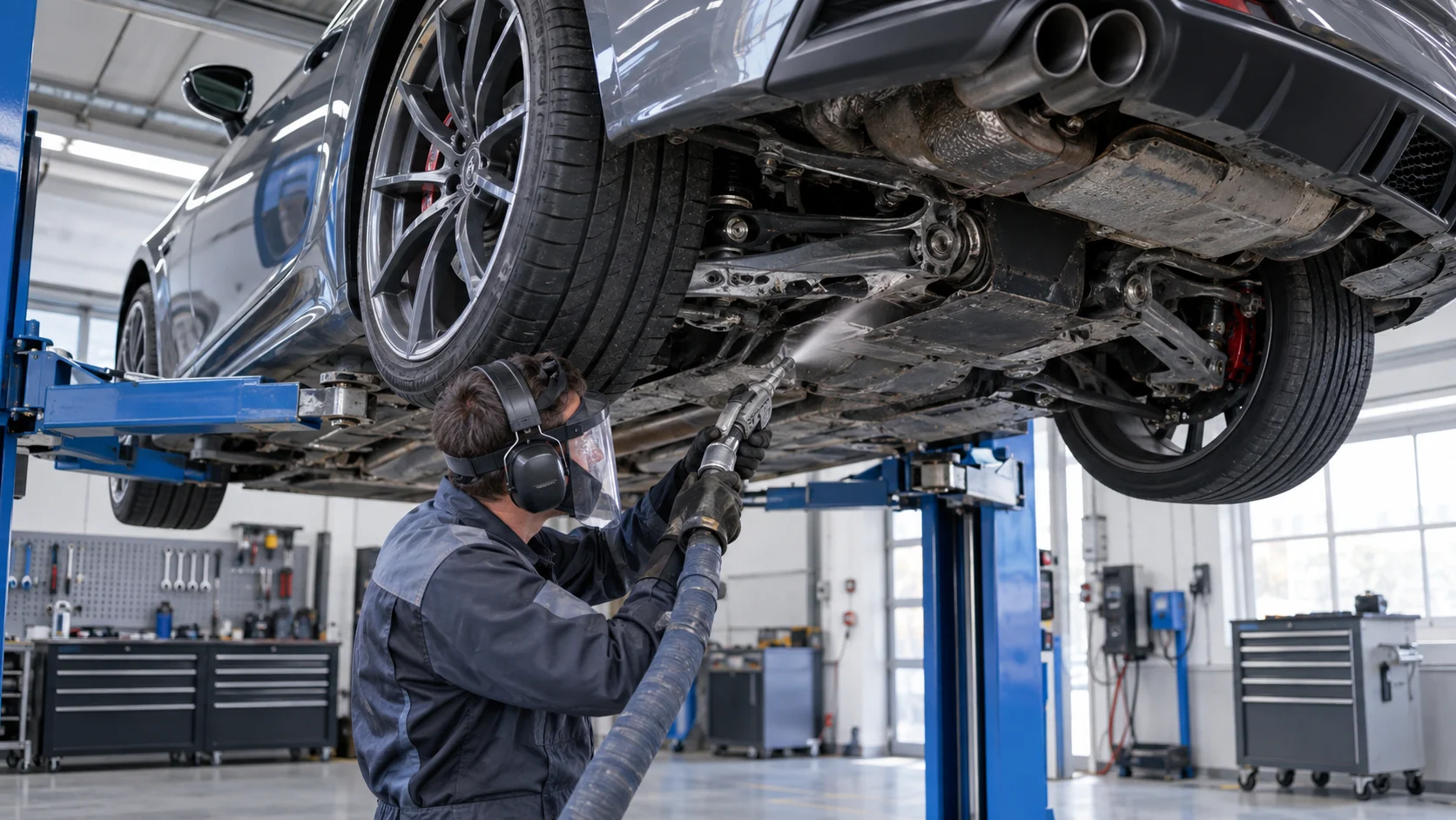 Illustration of automotive underbody cleaning in a workshop