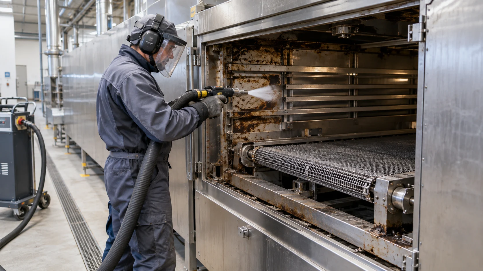 Illustration of cleaning deposits from an empty industrial bakery oven