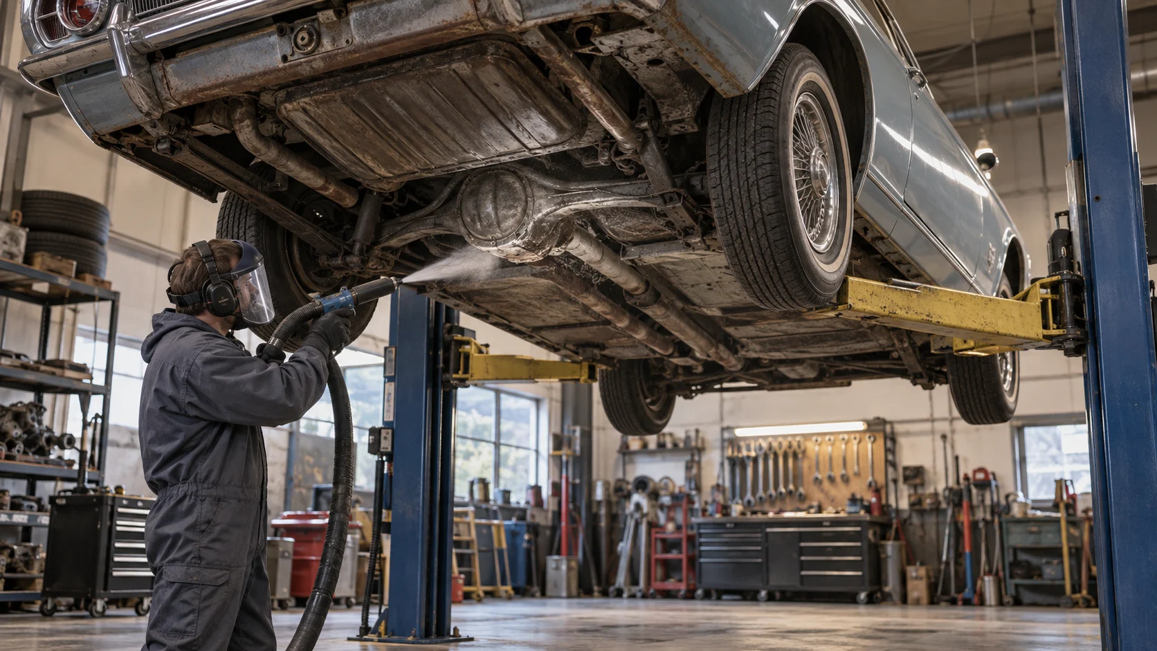 Illustration of dry ice cleaning beneath a classic car