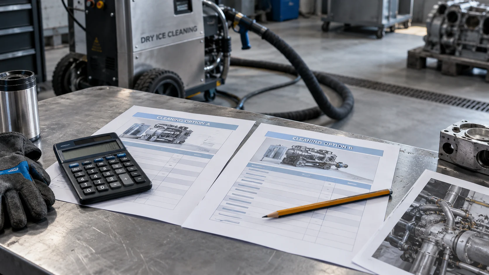 Illustration of two cleaning comparison worksheets with a calculator