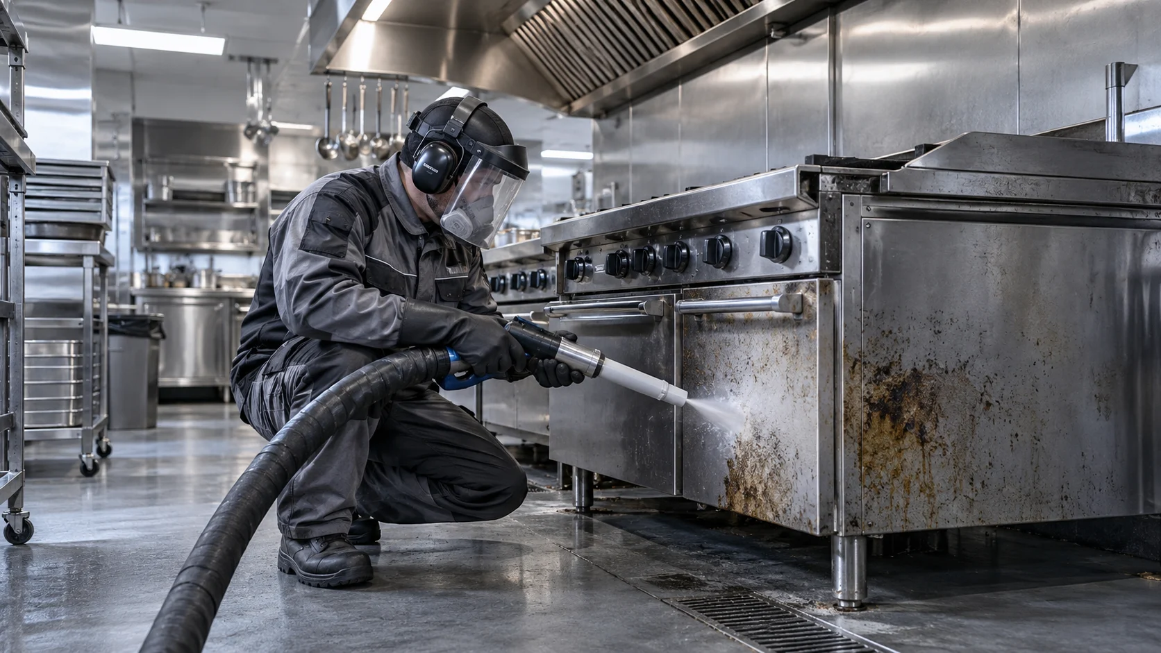 Illustration of dry ice cleaning selected deposits from commercial cooking equipment