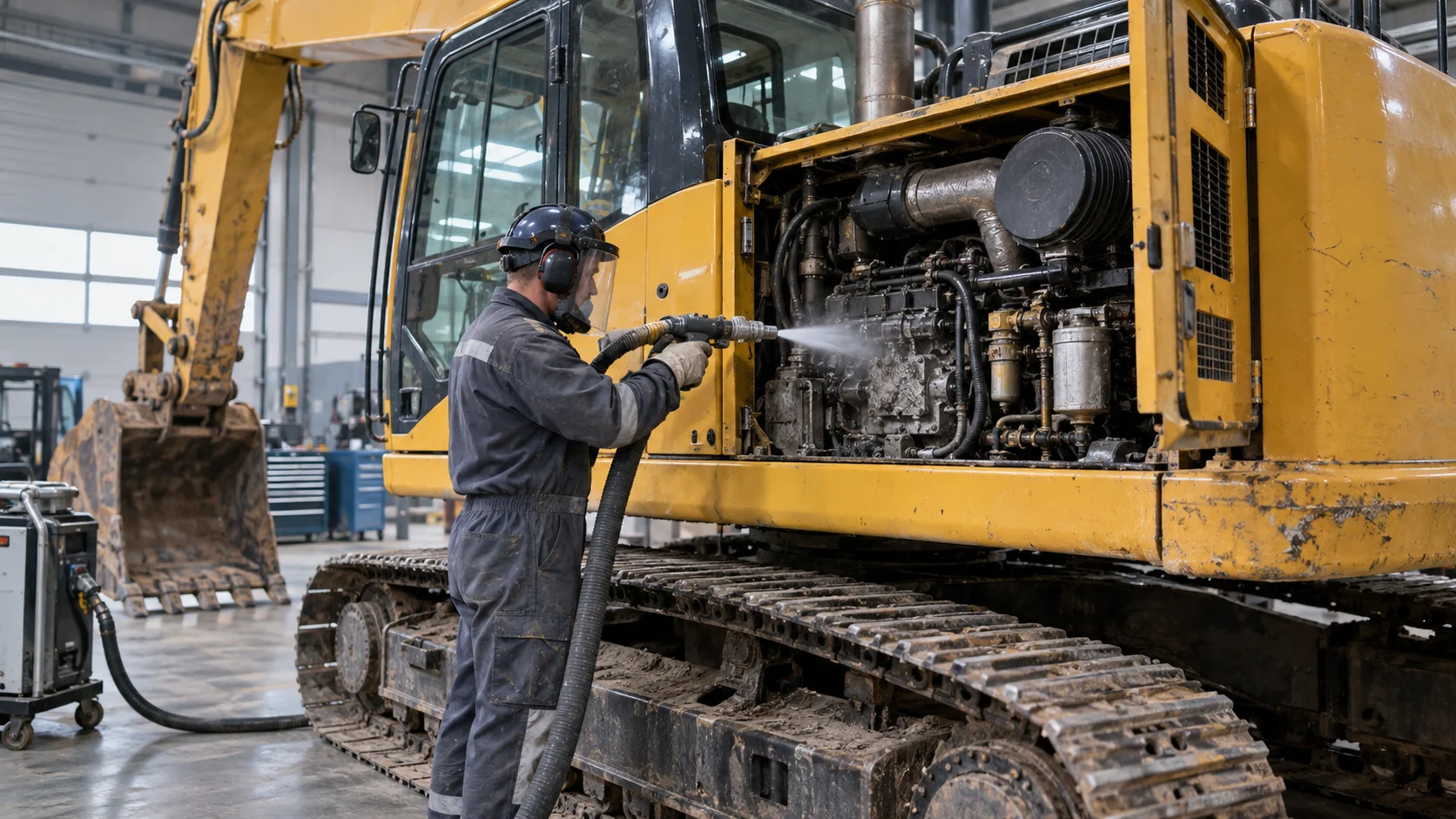 Illustration of dry ice cleaning inside an excavator engine service compartment