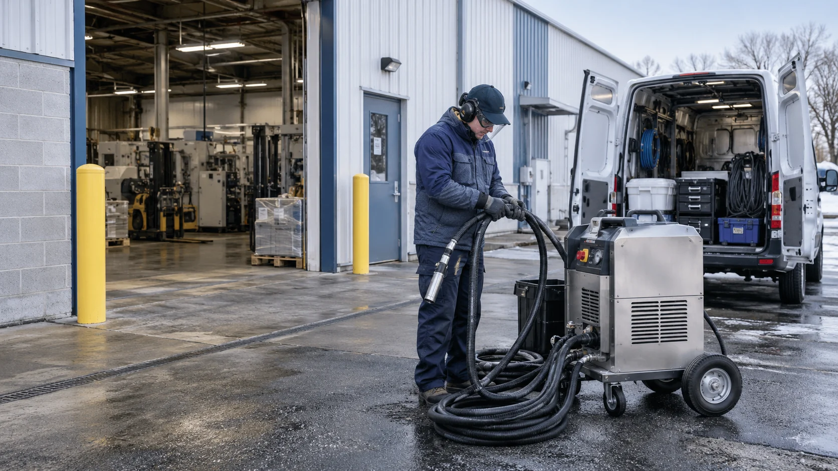 Dry Ice Blasting in New Jersey hero Illustration of technician organizing dry ice cleaning hoses beside a service van