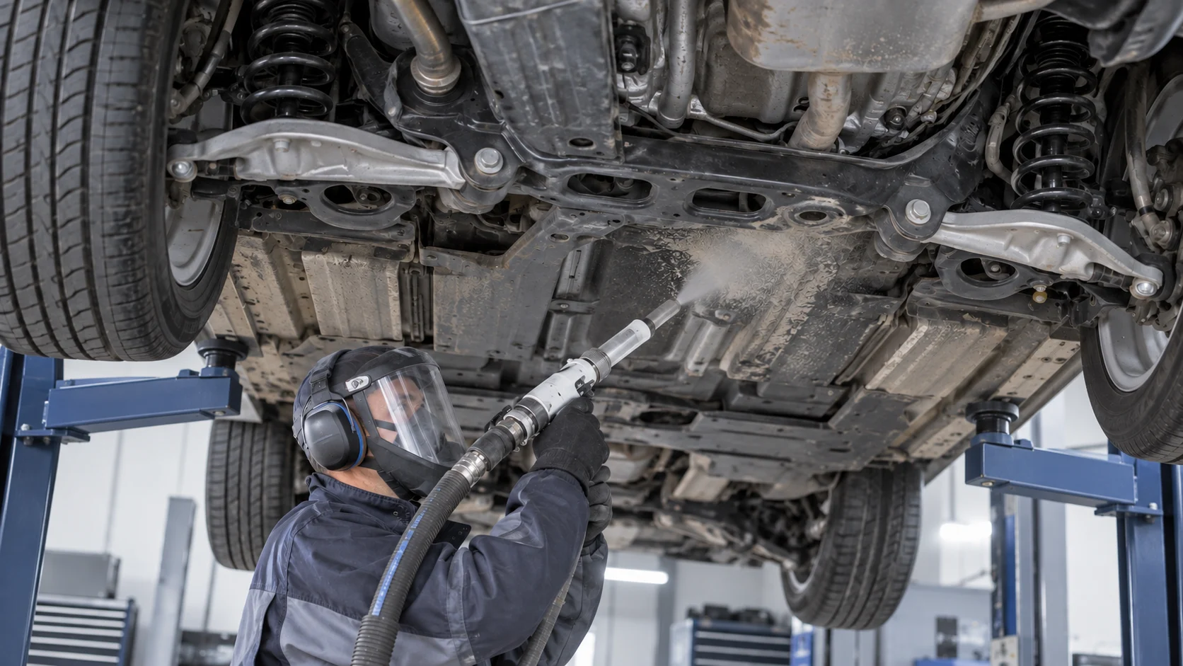 Illustration of dry ice cleaning of a vehicle underbody on a workshop lift