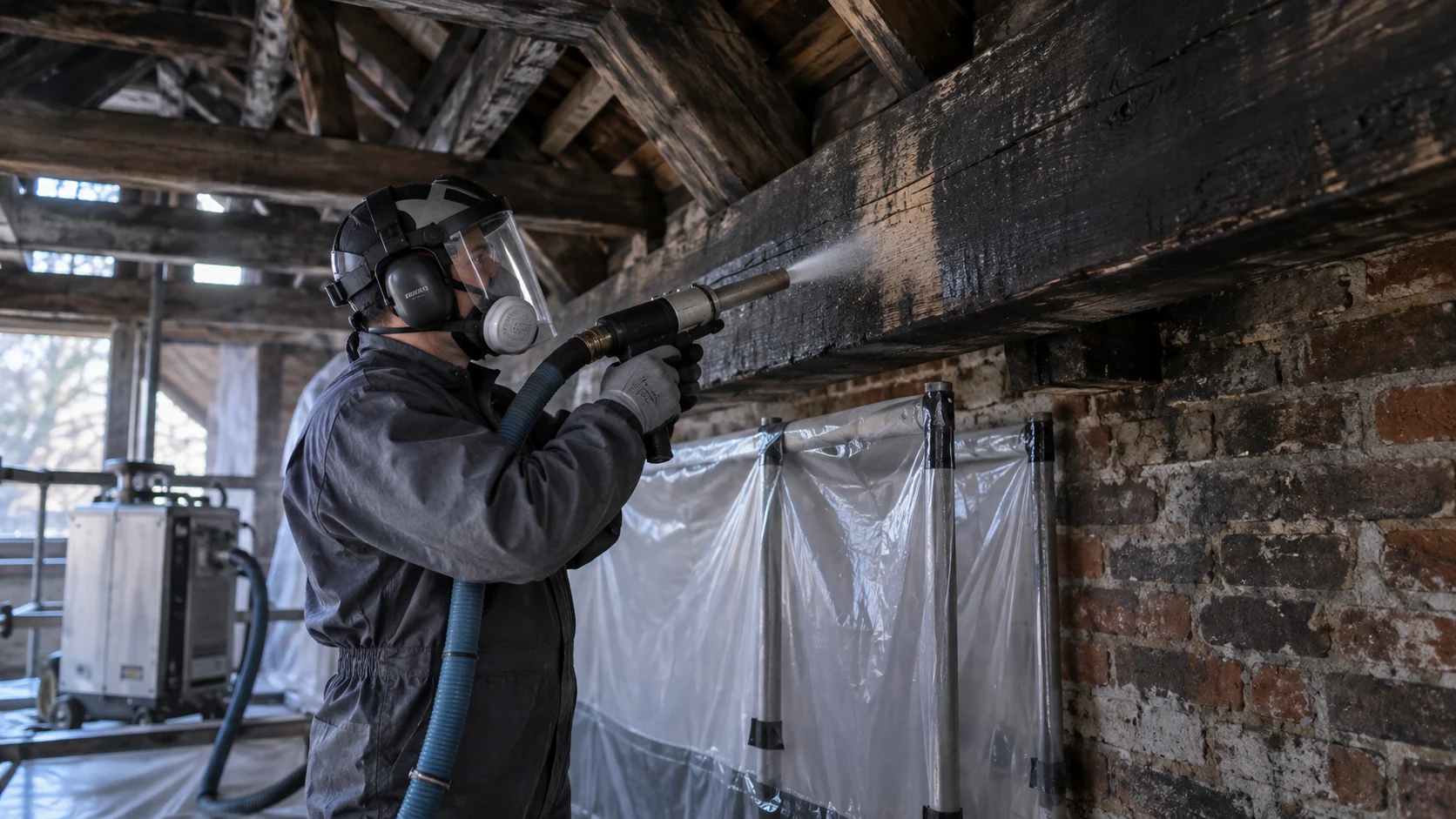 Illustration of dry ice cleaning a small area of soot-darkened timber