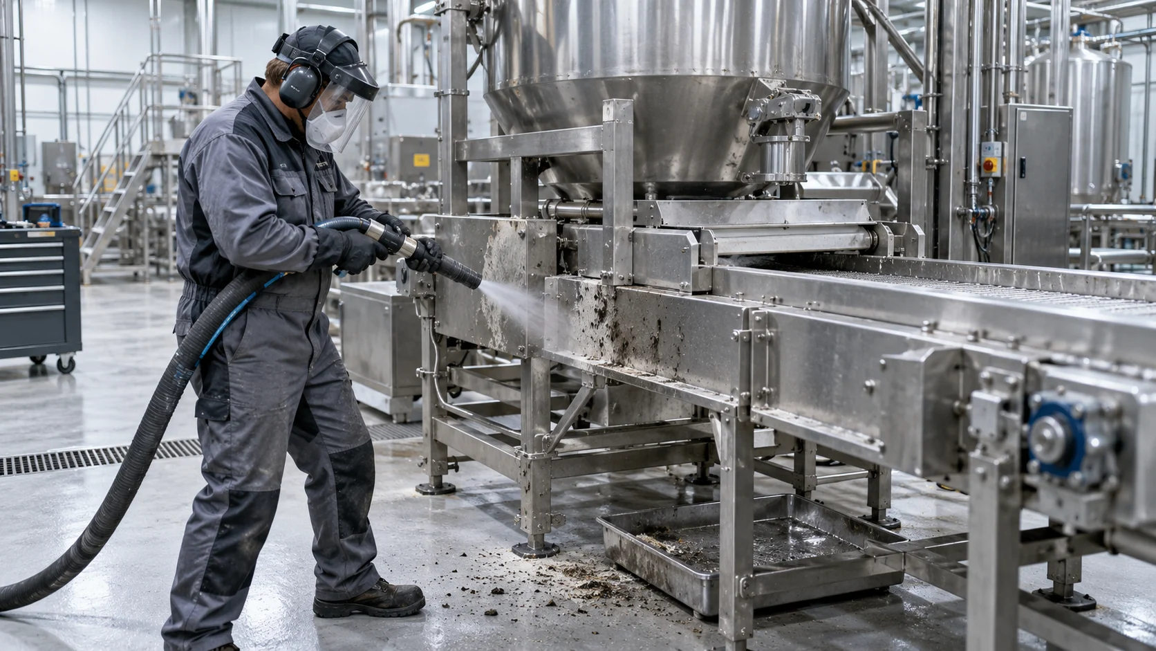 Food Processing Equipment Cleaning hero Illustration of dry ice cleaning of stainless food-processing machinery