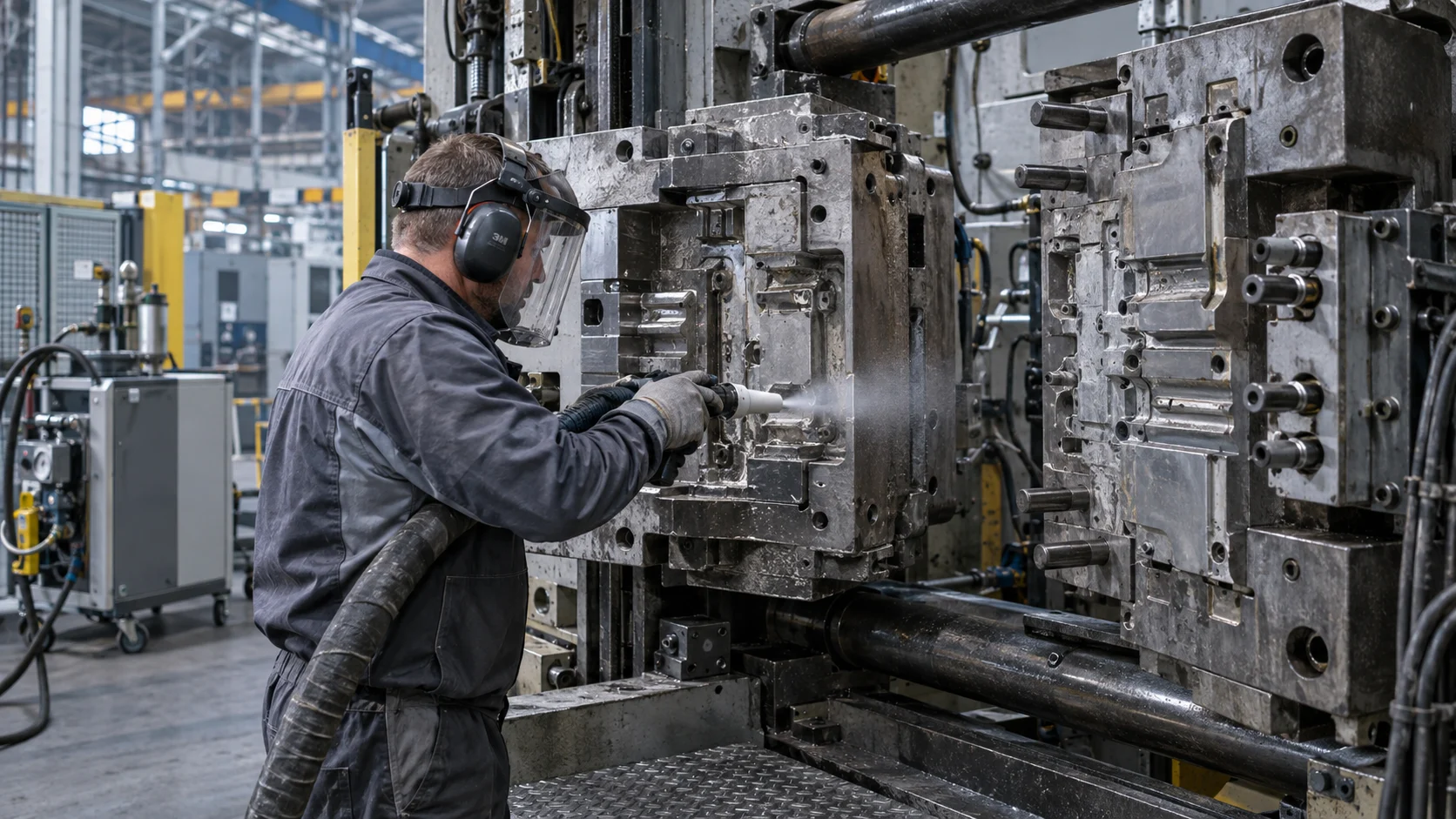 Foundries & Die Casting hero Illustration of cleaning accessible die-casting tooling during maintenance