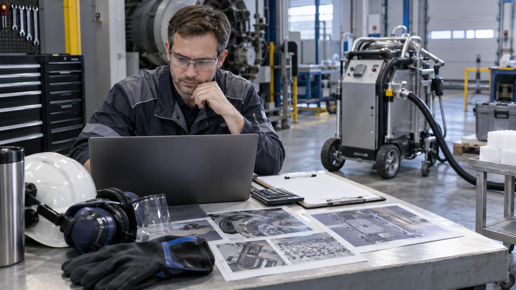 Illustration of planner reviewing equipment photos and cleaning requirements