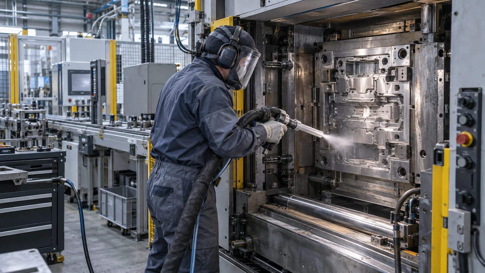 Illustration of technician dry ice cleaning a steel mold inside an industrial press