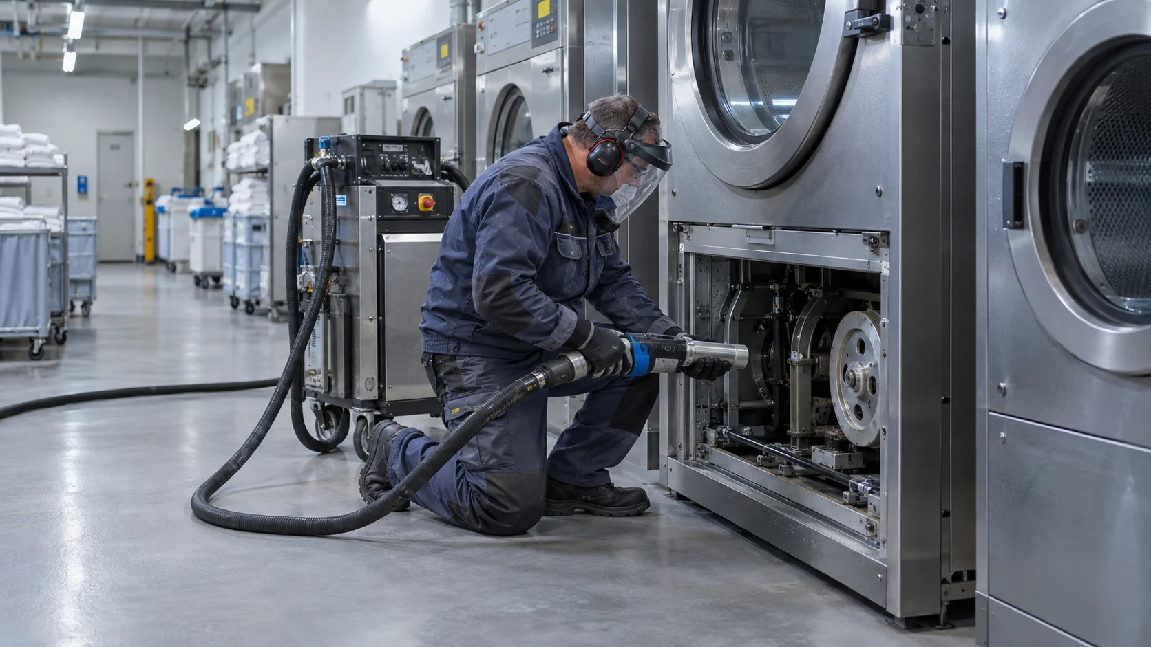 Illustration of hotel laundry equipment prepared for maintenance cleaning