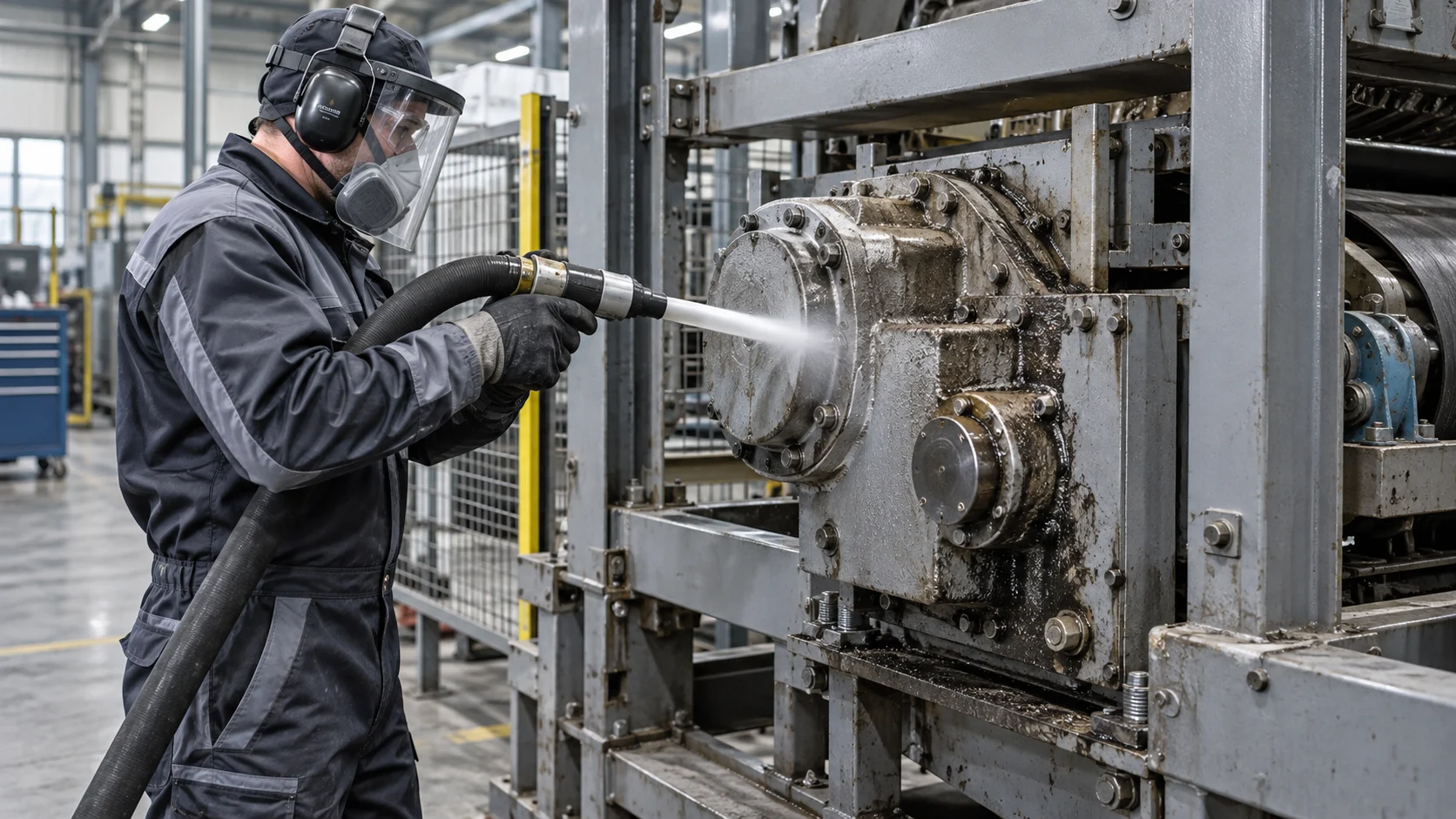 Illustration of dry ice cleaning of deposits on an industrial gearbox housing