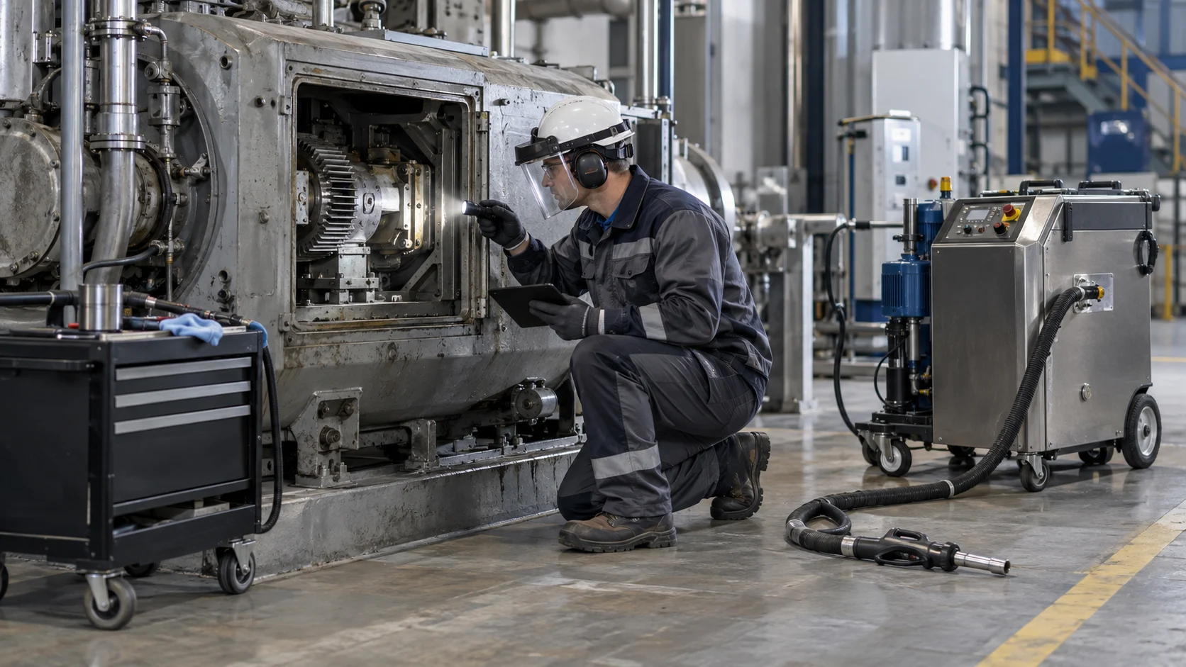 Scheduled Maintenance Cleaning Illustration of technician inspecting industrial machinery during scheduled maintenance