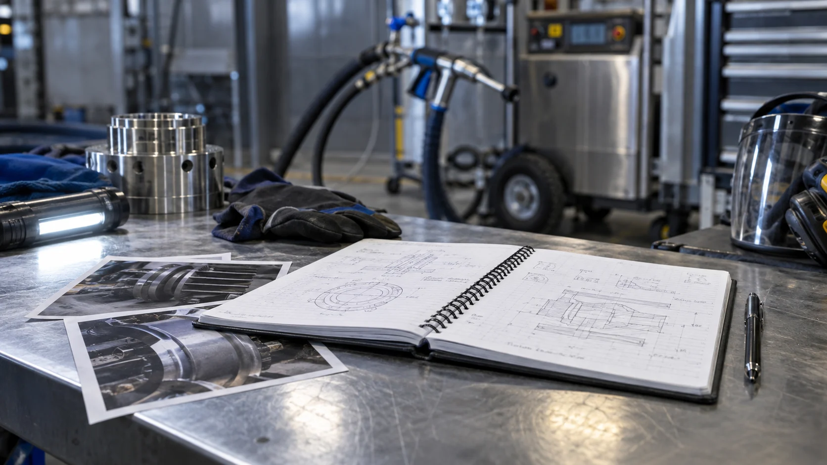 News & Insights hero Illustration of maintenance notebook and equipment photos on a workshop table