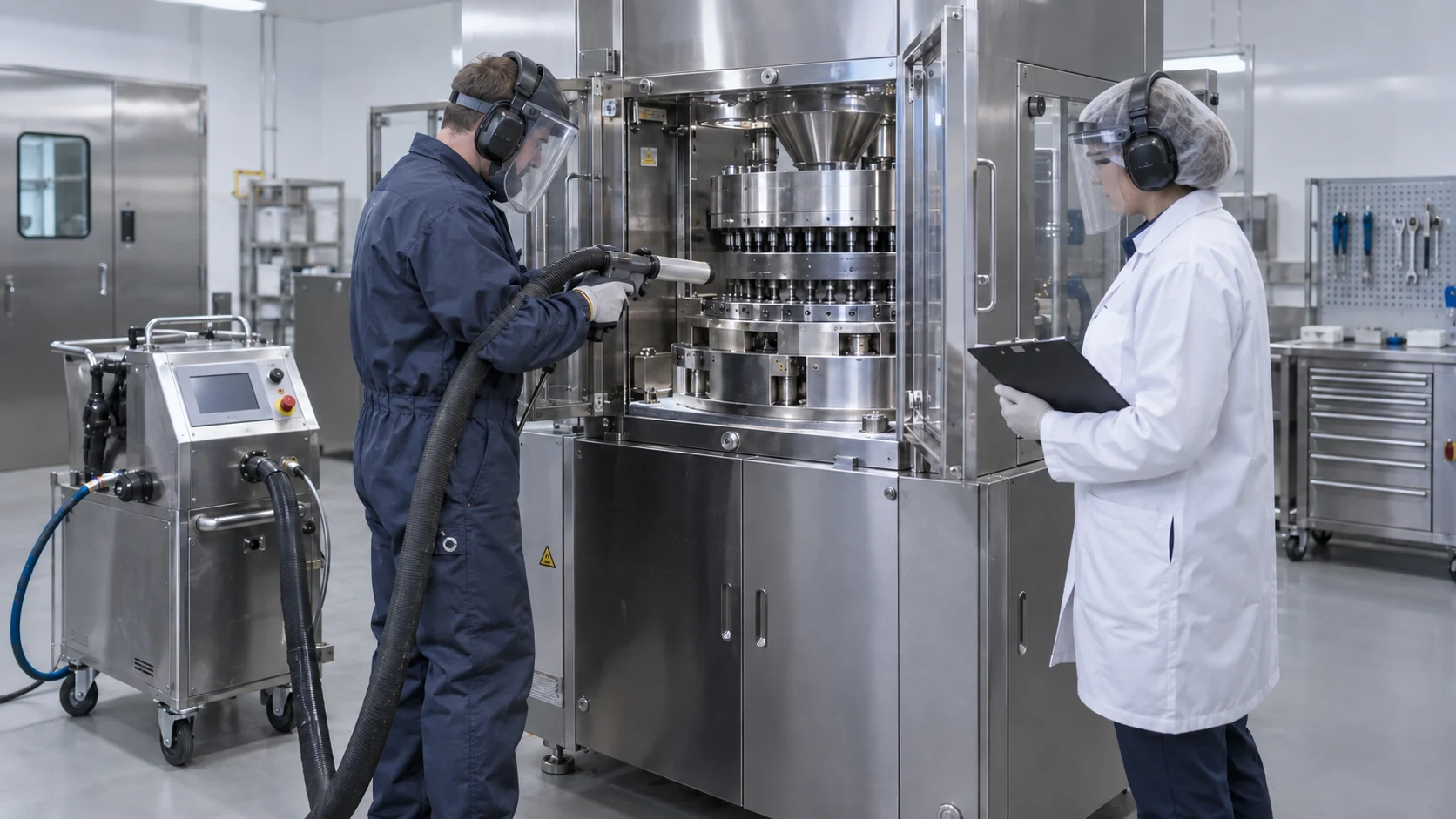 Illustration of technician and quality reviewer inspecting pharmaceutical equipment with dry ice equipment nearby