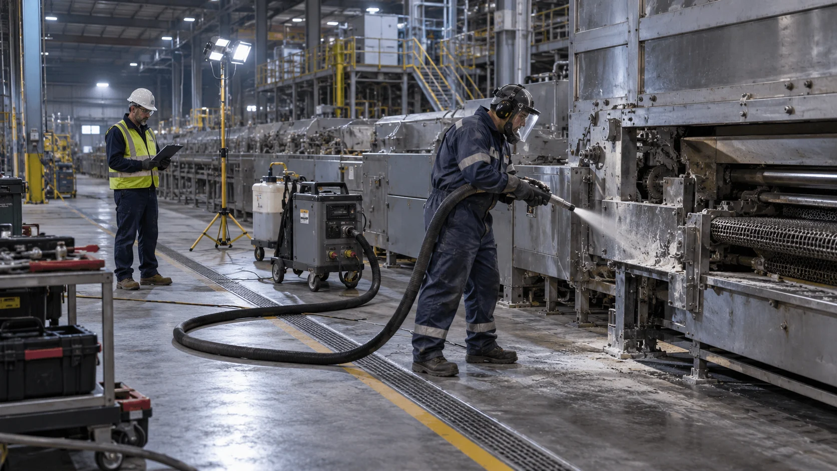 Illustration of dry ice cleaning during a plant maintenance shutdown