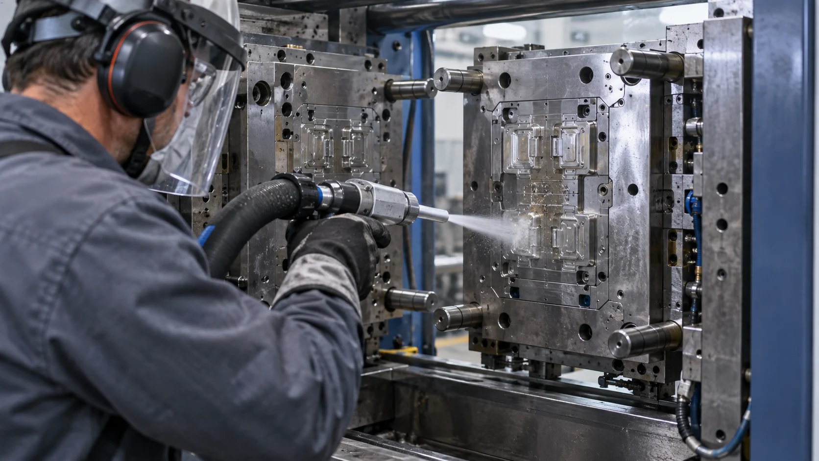 Plastic Injection Mold Cleaning hero Illustration of dry ice cleaning of an open plastic injection mold