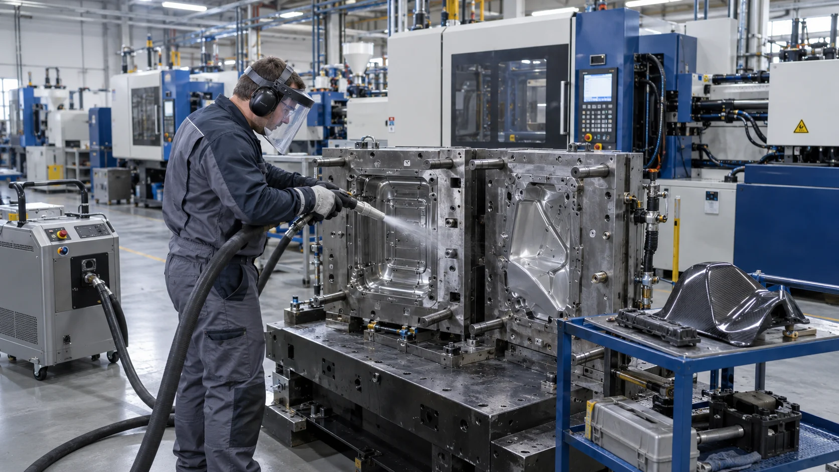 Plastics & Composites hero Illustration of mold cleaning in a plastics and composites manufacturing workshop