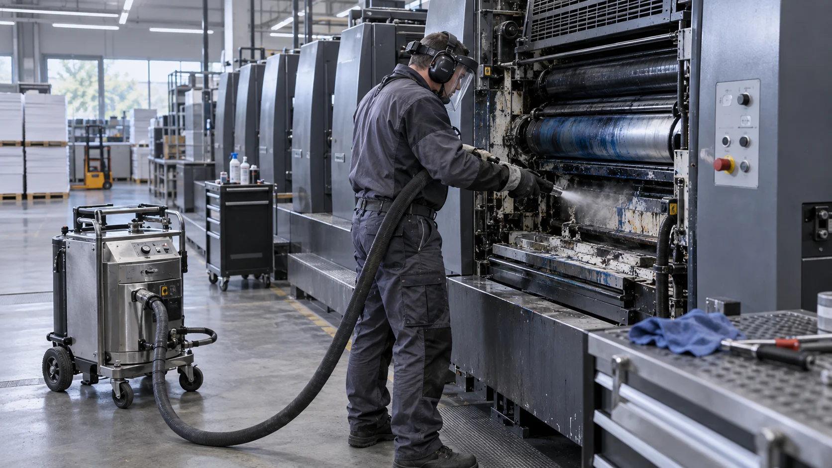 Printing hero Illustration of printing press maintenance with dry ice blasting equipment
