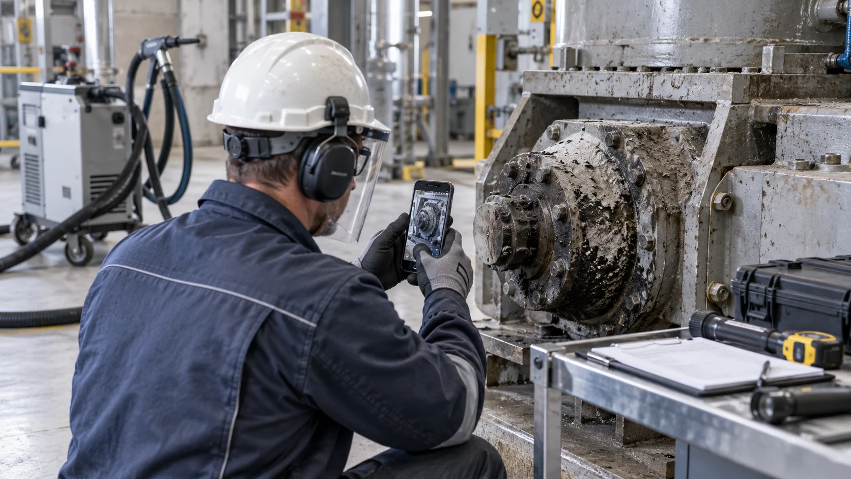 Illustration of photographing machinery deposits for a cleaning project review