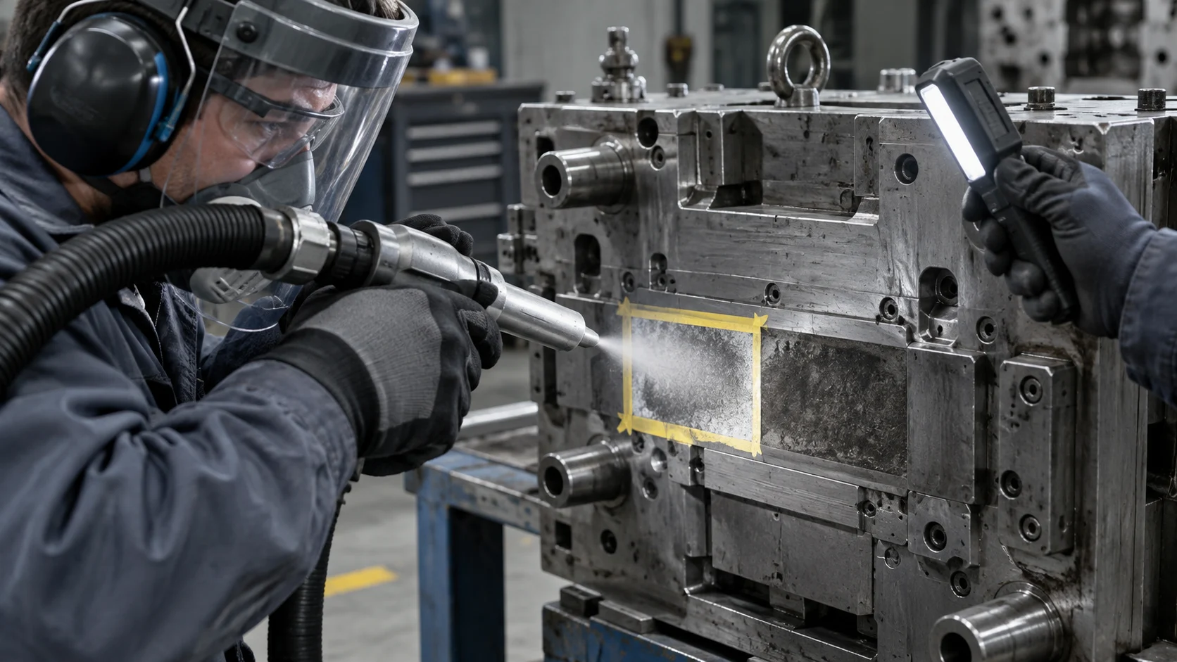 Illustration of dry ice test cleaning inside a marked tooling area