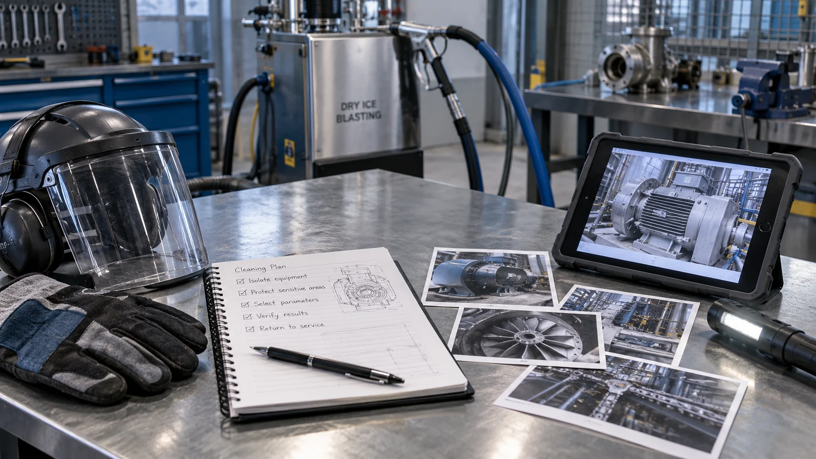 Illustration of cleaning reference materials and equipment photographs on a workbench