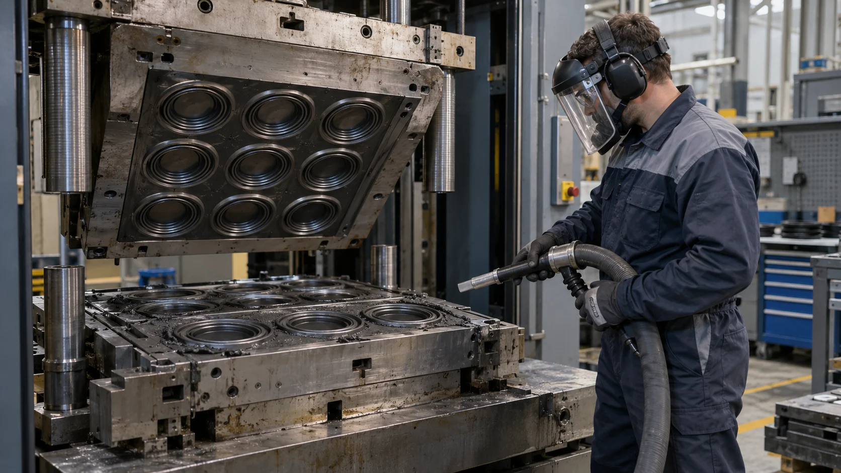 Rubber Manufacturing hero Illustration of technician assessing a multi-cavity rubber compression mold