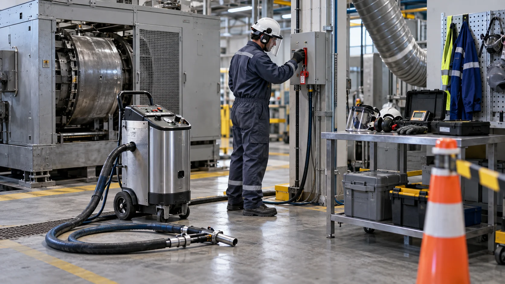 Illustration of preparing equipment isolation, ventilation and protective equipment for cleaning
