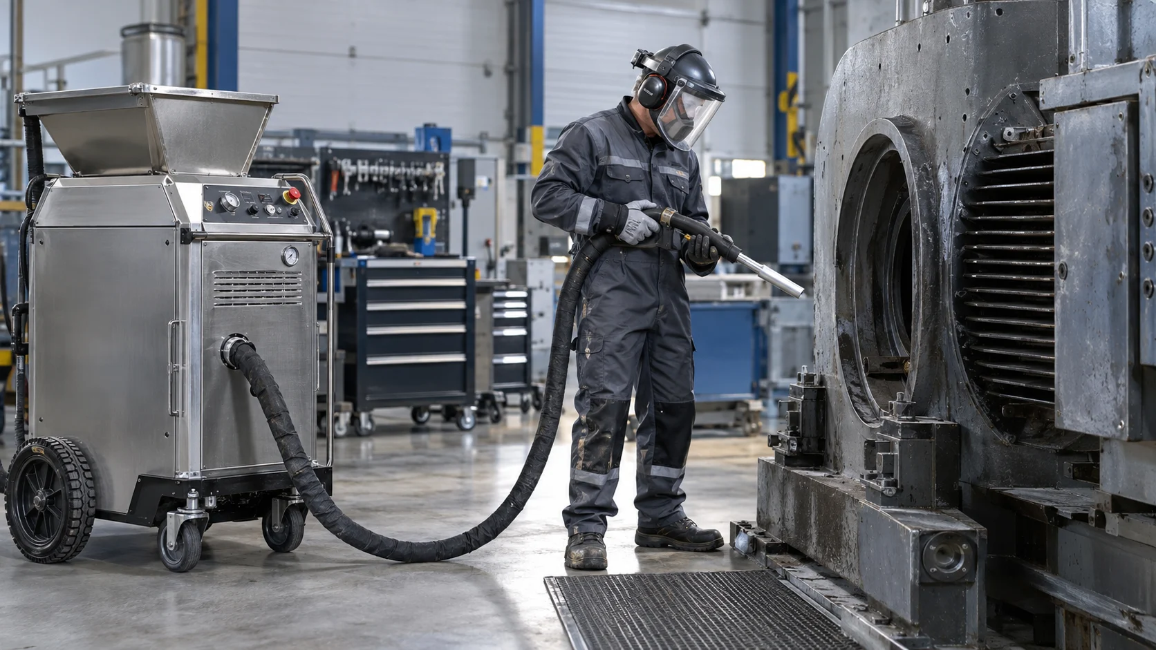 Illustration of dry ice blasting machine, hose and operator beside industrial equipment